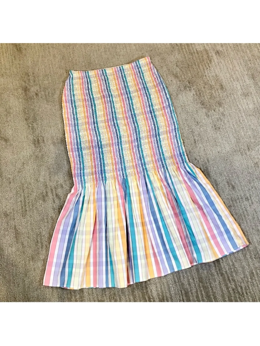 New J. Crew Re-Imagined Pastel Rainbow Striped Smocked Mermaid Midi Skirt size 0